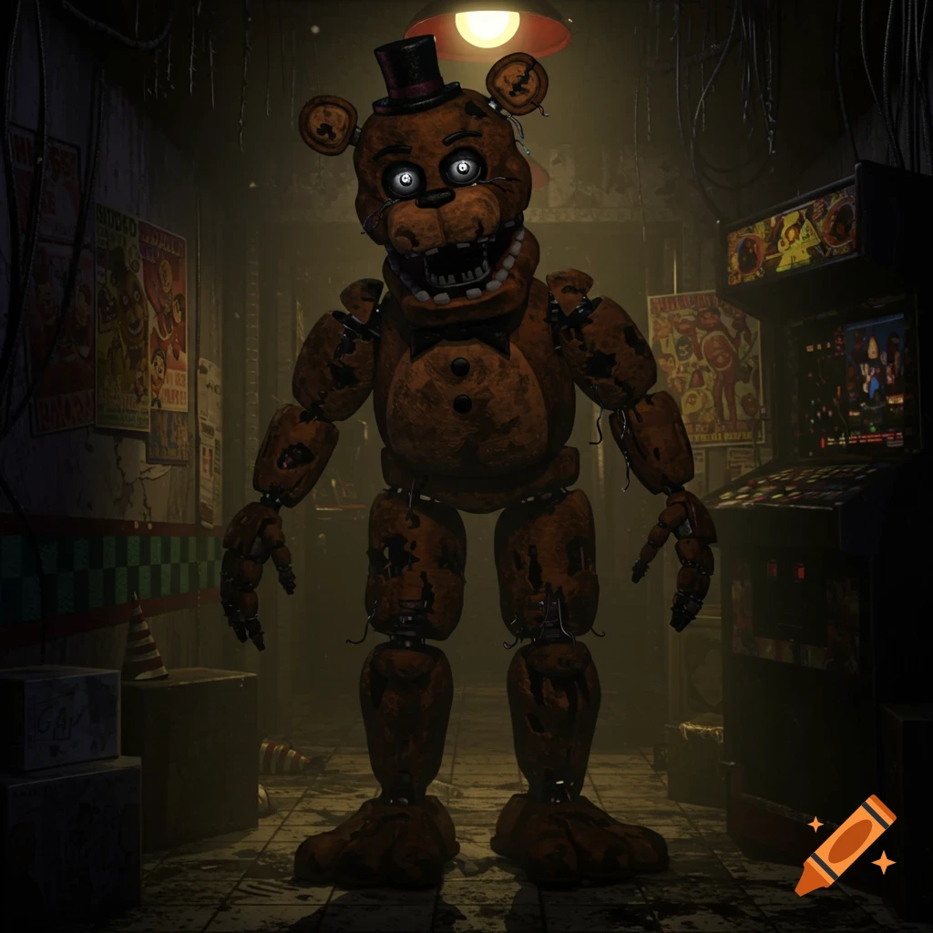 A rusty, broken Freddy Fazbear animatronic stands in a dimly lit, dark arcade hallway with posters and arcade machines.