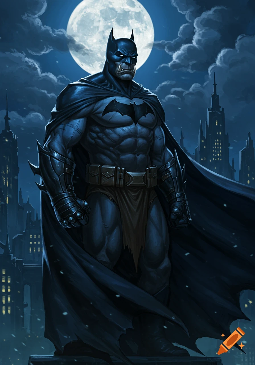 An armored, muscular dark blue orc dressed as Batman with a flowing cape, standing against a full moon and city skyline at night.