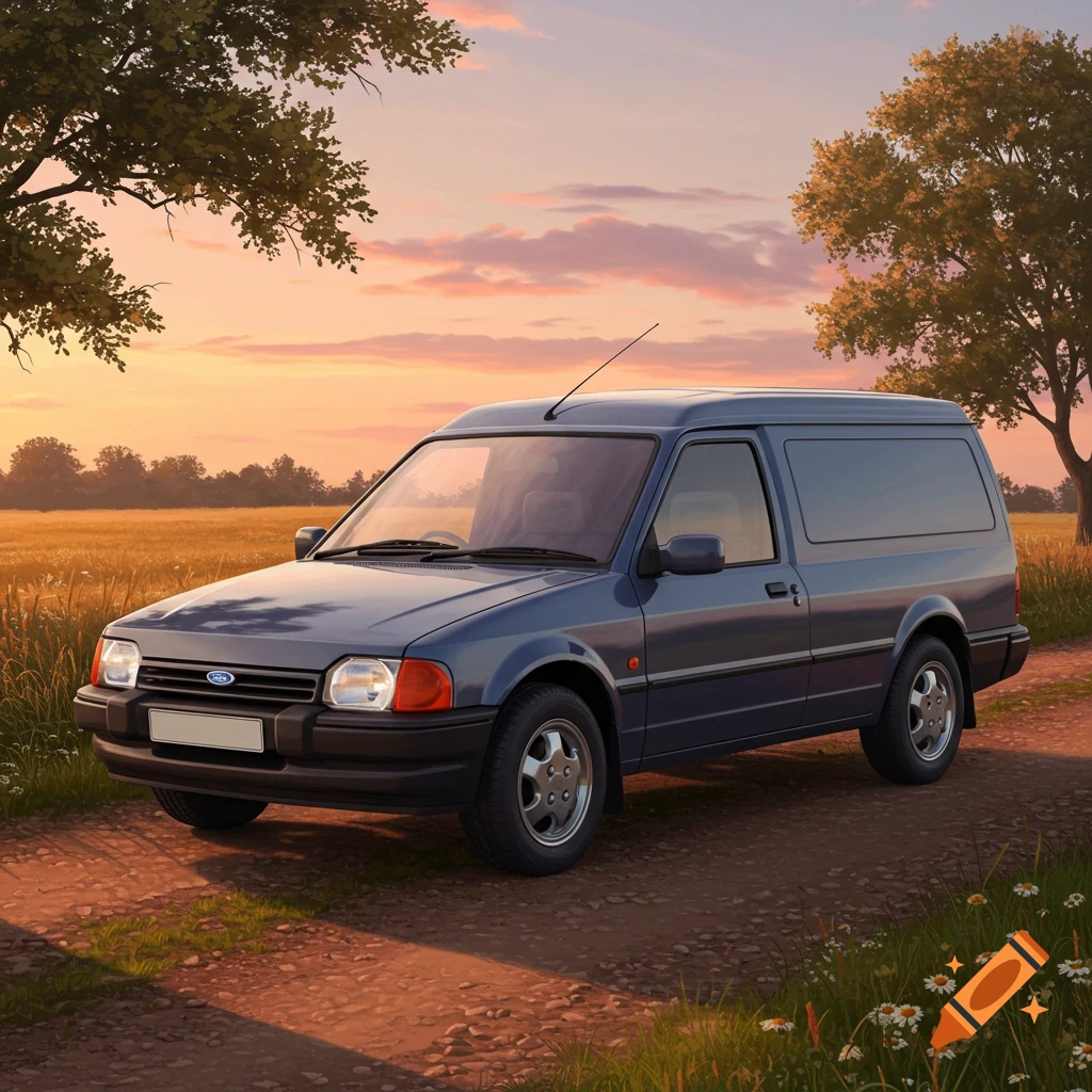 A blue 1992 Ford Escort van parked on a dirt road in a golden field at sunset.
