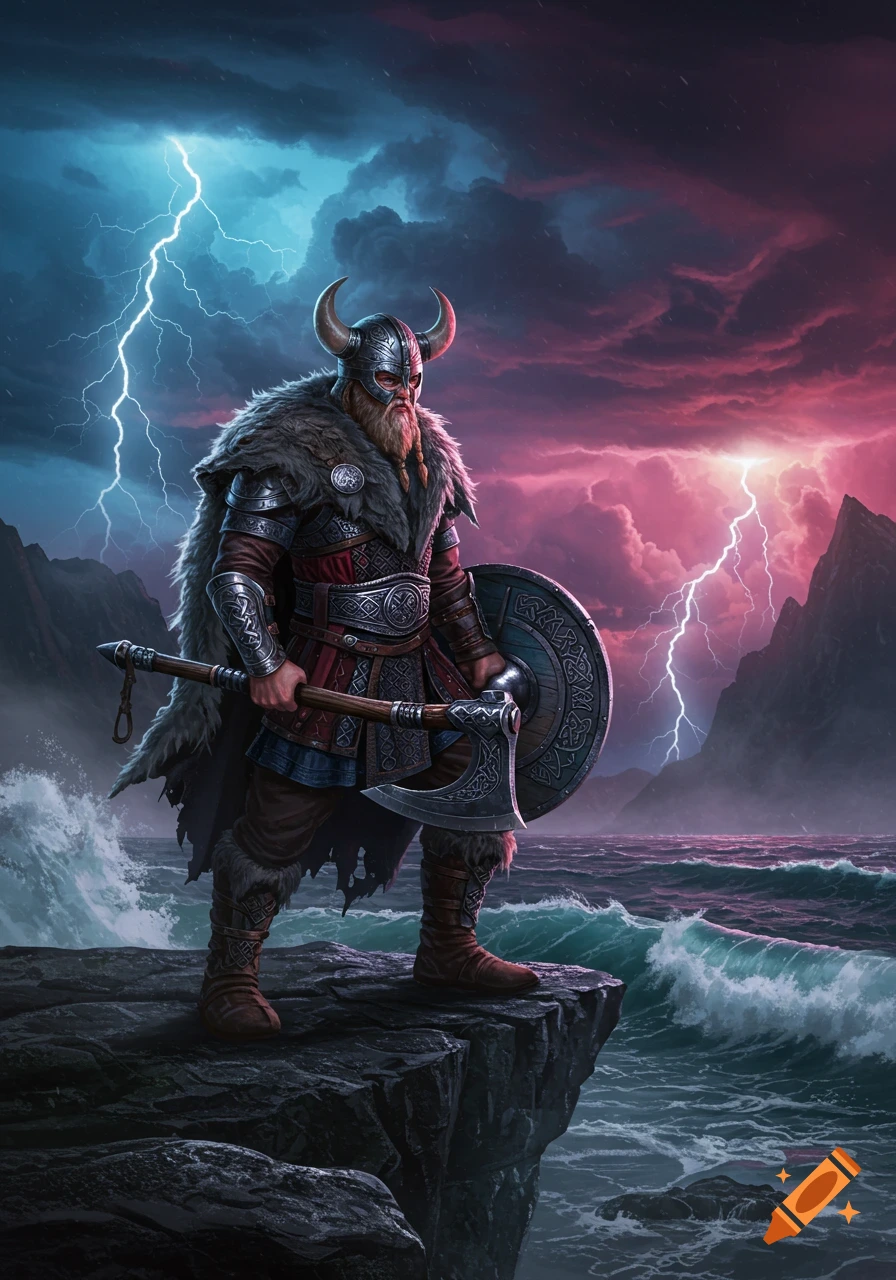 A fierce Viking warrior with a horned helmet, axe, and shield stands on a rocky cliff overlooking a stormy sea with lightning in the sky.