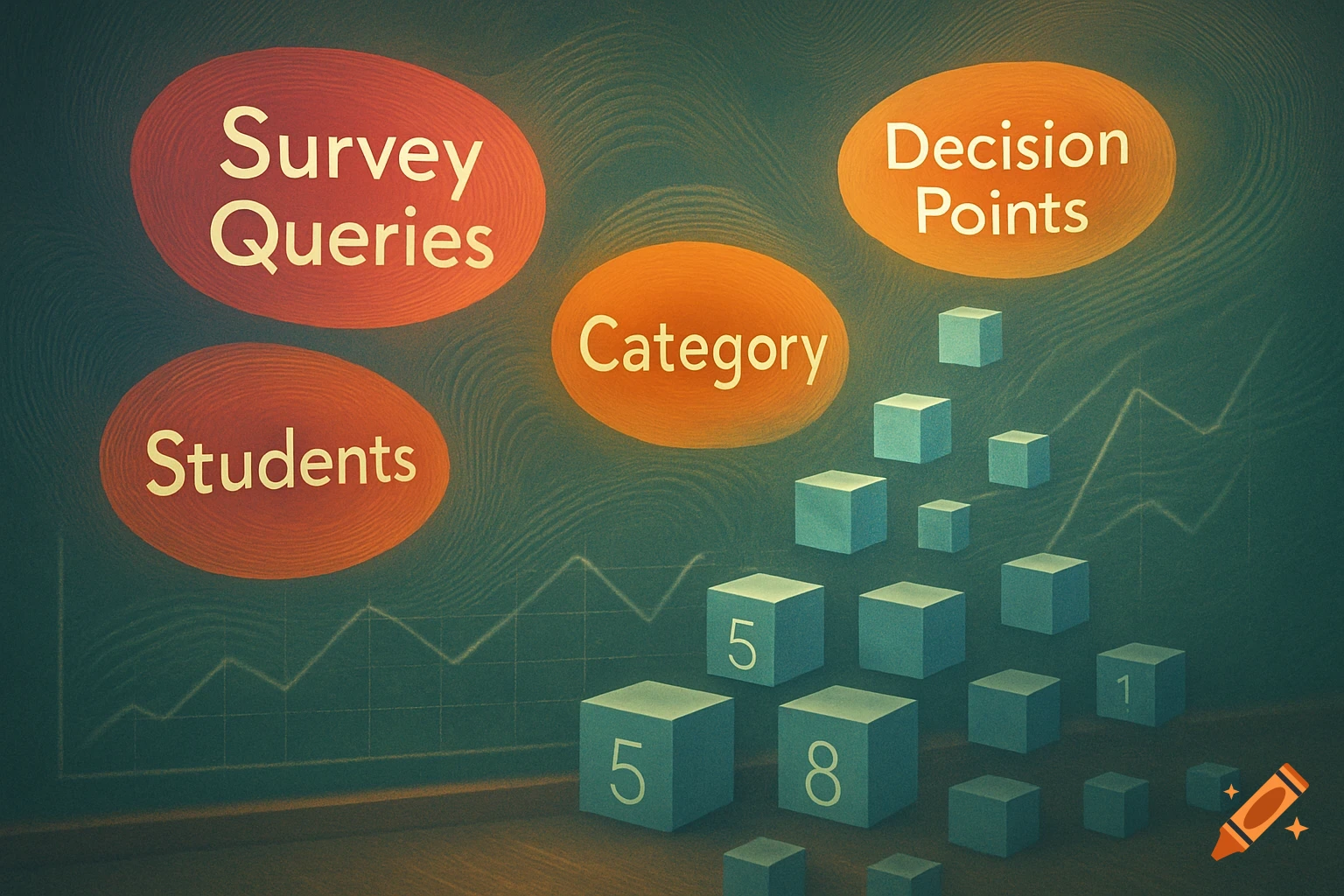 A conceptual diagram with orange ovals labeled "Survey Queries", "Students", "Category", "Decision Points", and blue cubes with numbers 5, 8, 1, on a dark textured background with a line graph.