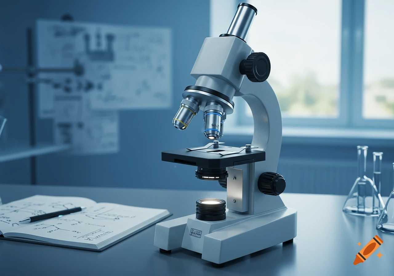 A photorealistic image of a detailed microscope on a laboratory workbench, with a notebook, pen, and beakers in the background.