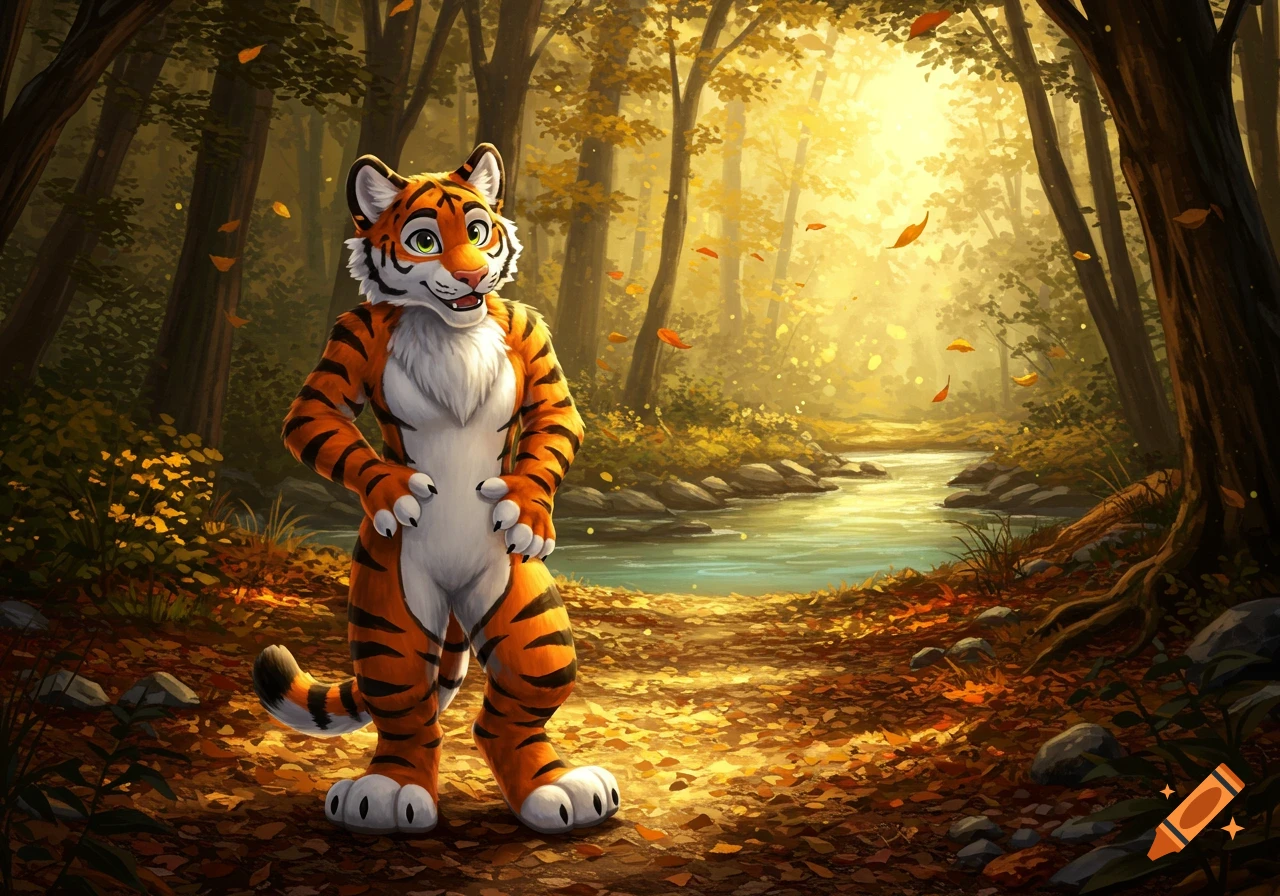 A cartoonish anthropomorphic tiger stands in a vibrant autumn forest with a river.