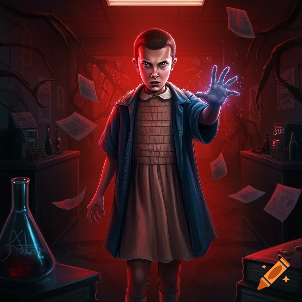 A stern-faced Eleven from Stranger Things with short hair, wearing a dress and blue jacket, stands in a red-lit room with floating papers and dark tendrils, her left hand glowing with telekinetic power.