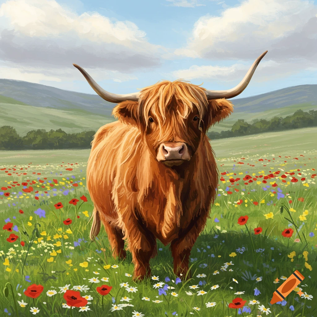 A shaggy brown Highland cow stands in a vibrant field of colorful wildflowers under a blue sky in a painterly style.