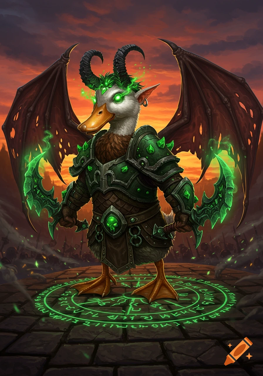 A demonic-looking duck in green fantasy armor with bat wings, horns, and glowing blades stands on a magical rune circle, fiery sky background.