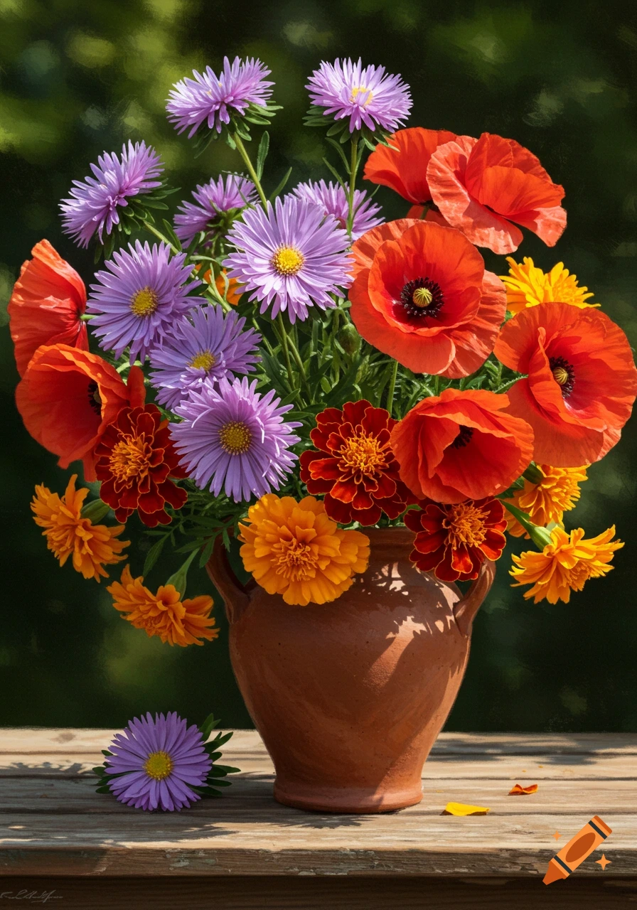 Vibrant bouquet of red poppies, purple asters, and orange marigolds in a terracotta vase on a wooden table.