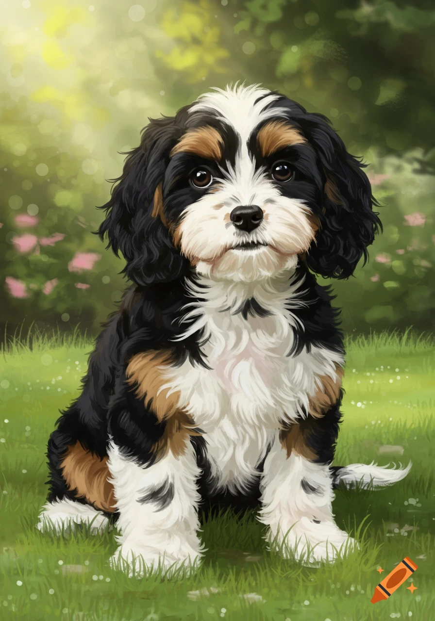 A fluffy black, white, and brown Cavapoo puppy sits in green grass with a blurred garden background, painterly style.