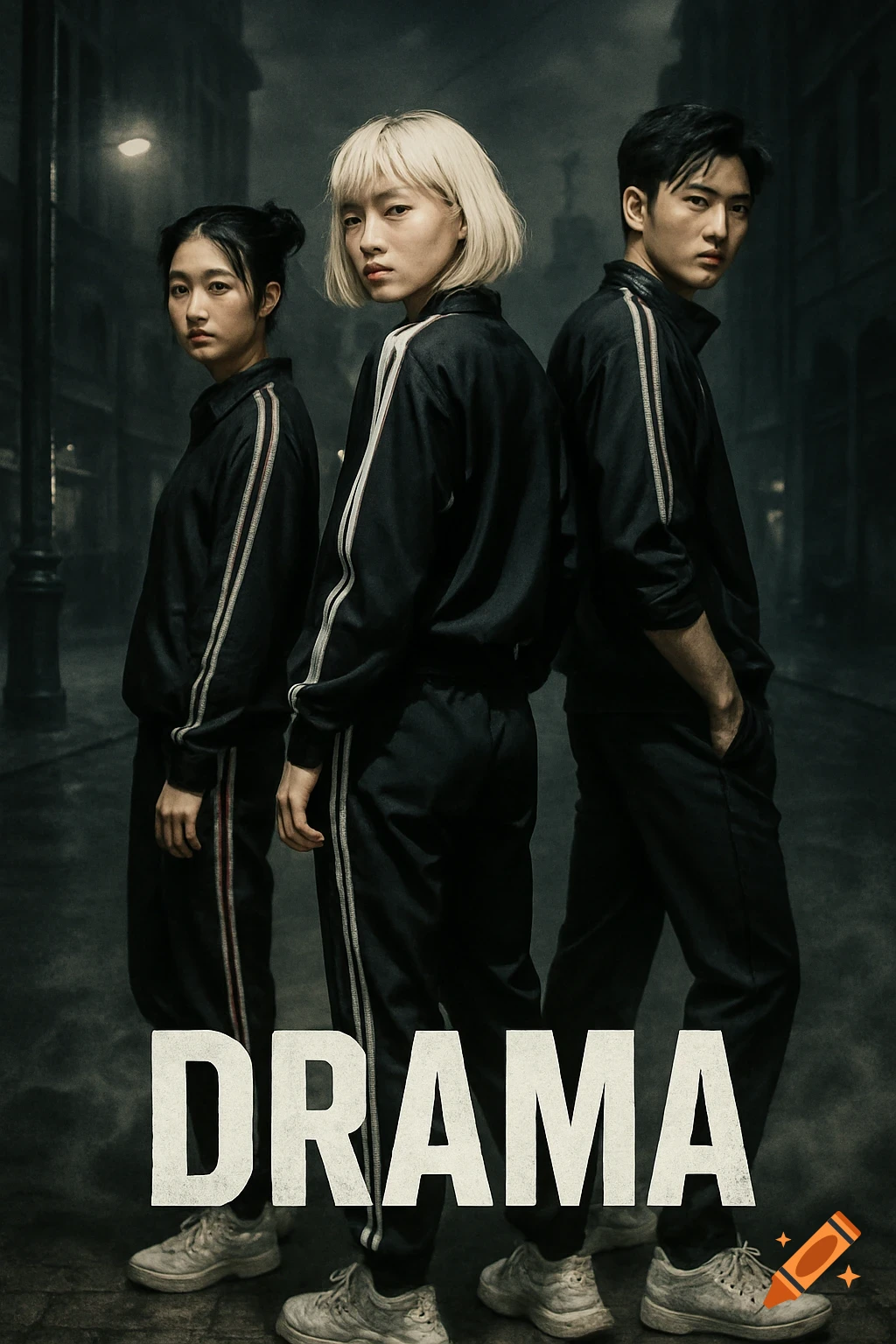 A dramatic poster of three young Asian people in black tracksuits, standing in a dark urban alley. The word "DRAMA" is at the bottom.