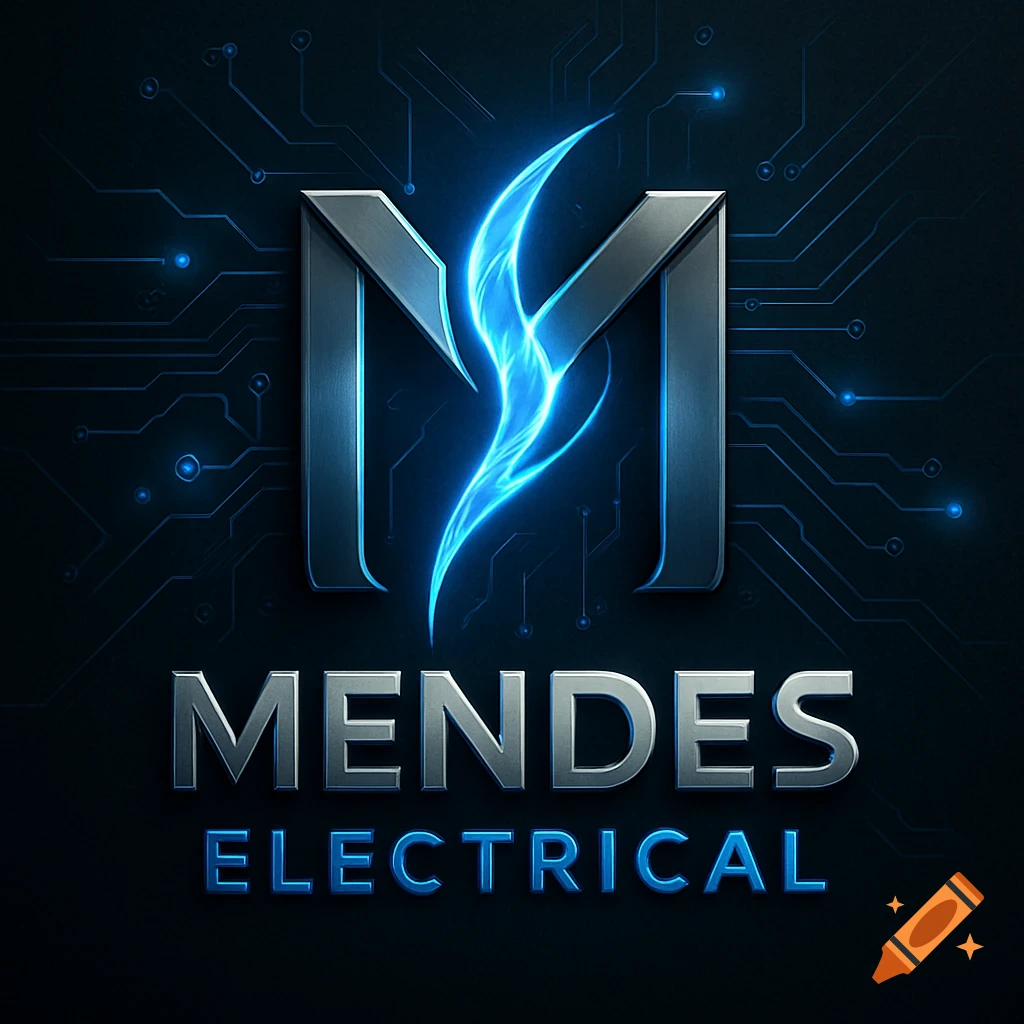 Mendes Electrical logo featuring a metallic M with a blue flame design, with 'MENDES' and 'ELECTRICAL' text on a dark circuit board background.