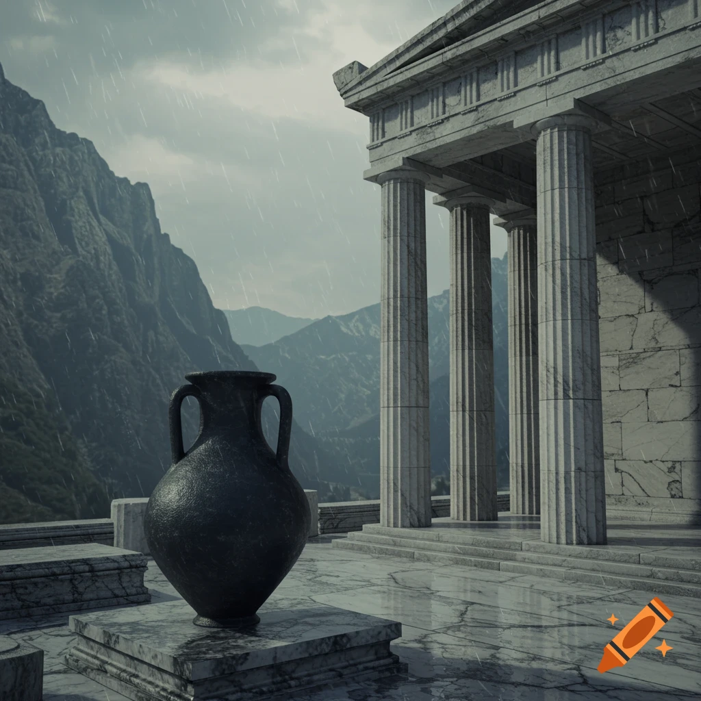 A dark stone amphora on a marble pedestal on a classical temple porch in the rain, with mountains in the background.