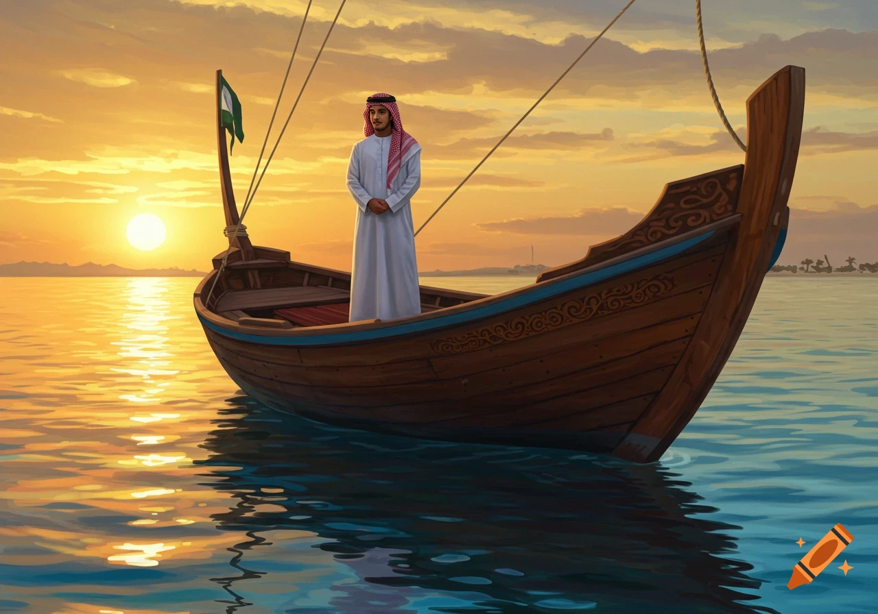 Young Arabic man in traditional clothing on a wooden boat at sea during a vibrant sunset, illustration.