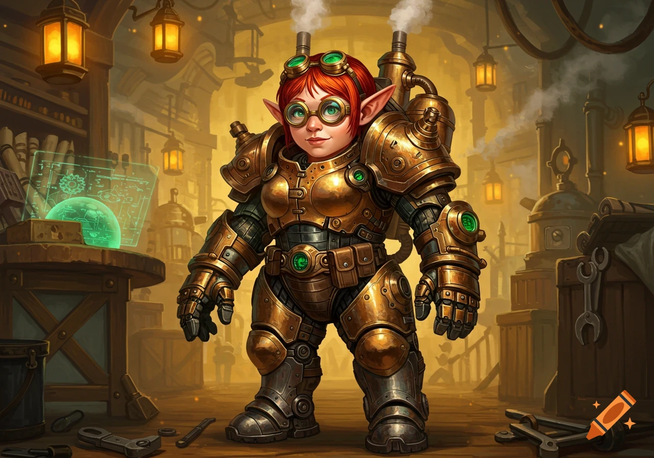 A female gnome artificer in a detailed brass-colored steampunk mecha suit with goggles stands in a cluttered, warmly lit workshop.