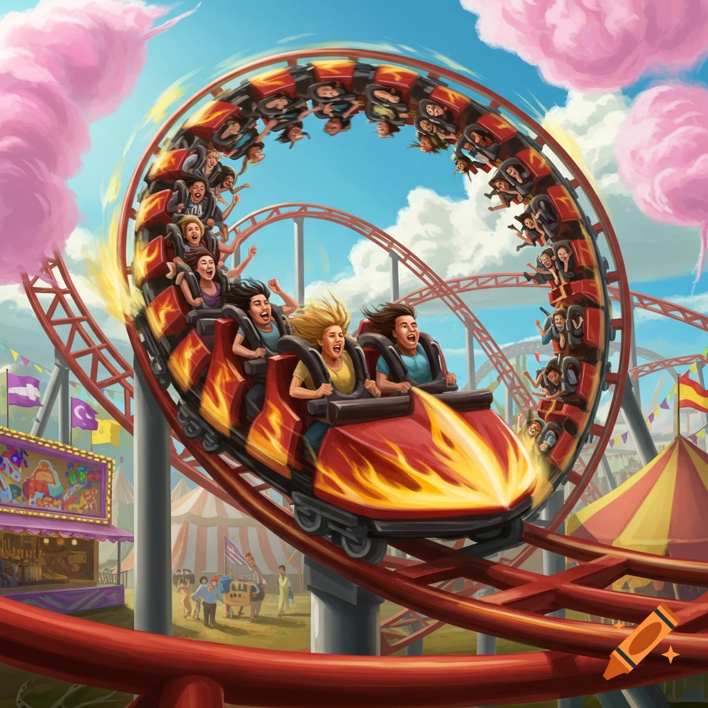 Illustrated rollercoaster car with flames on the side, full of screaming people, looping upside down at a colorful amusement park.