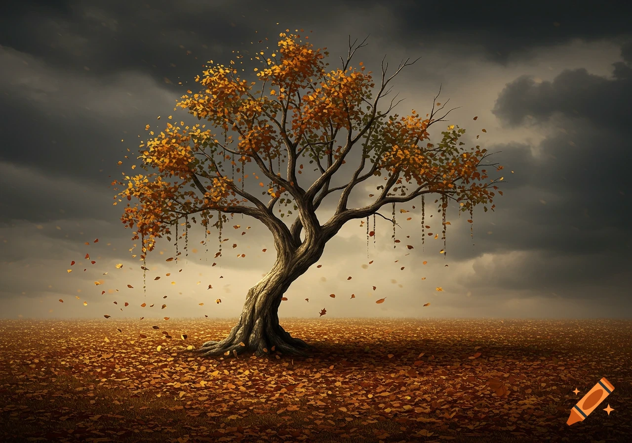 A single autumn tree with orange and green leaves stands on a field covered in fallen leaves under a dark, cloudy sky.