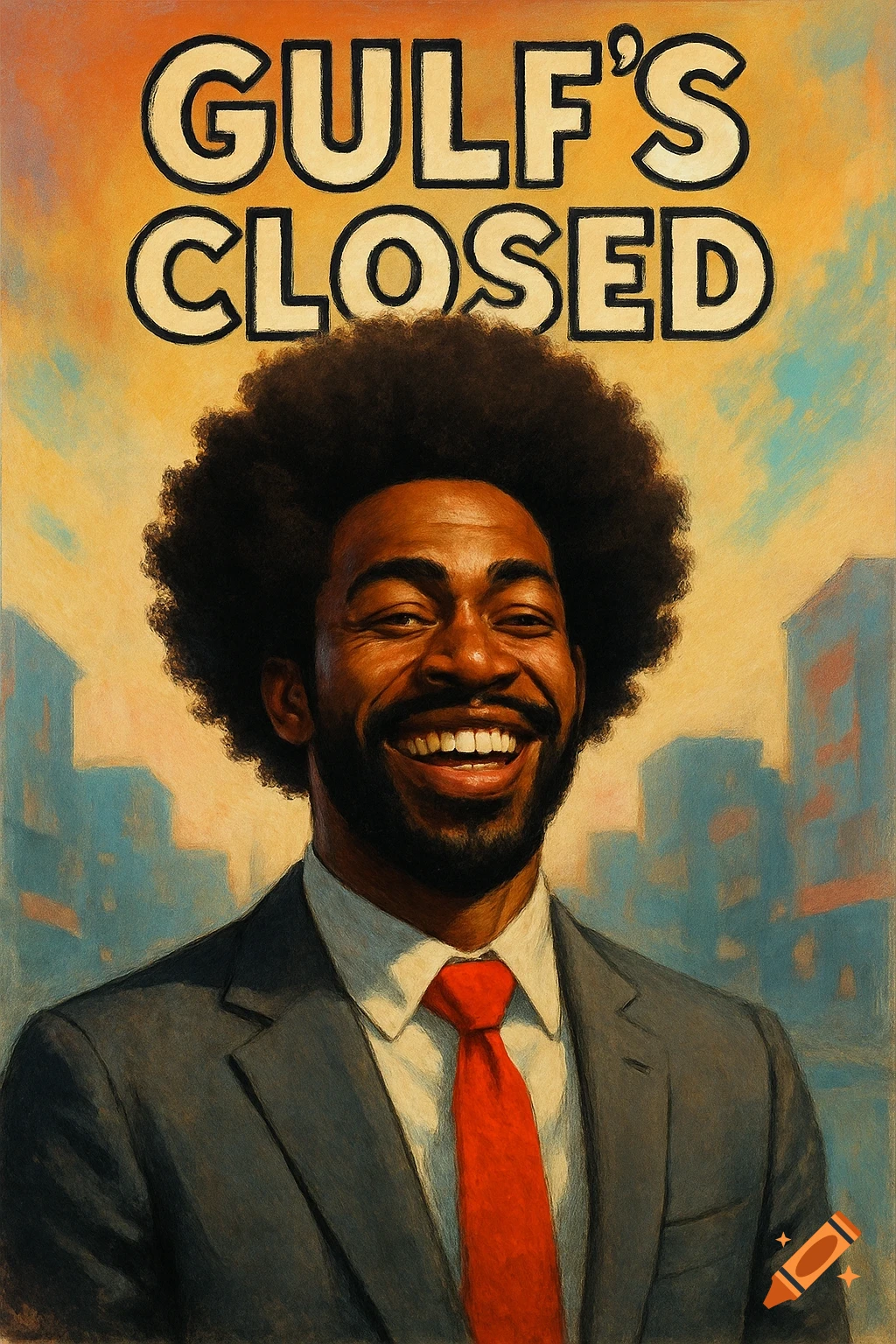 Semi-cartoony portrait of a smiling Black man with an afro in a suit and red tie, with 'GULF'S CLOSED' text above him.