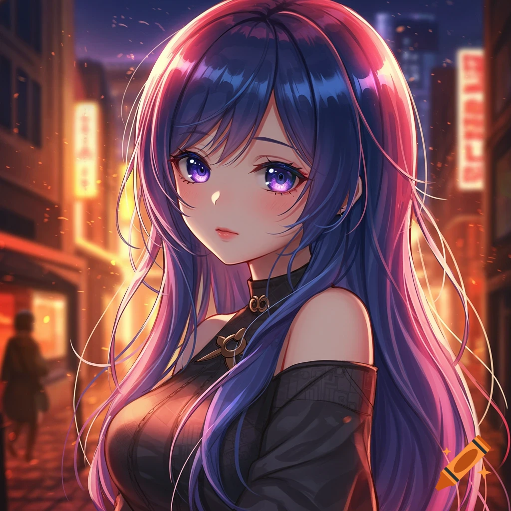 An anime girl with long purple hair and glowing purple eyes stands in a vibrant, neon-lit city street at night.