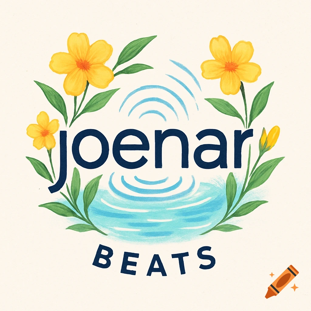 Illustrated 'Joenar Beats' logo featuring yellow flowers, green leaves, and blue water ripples on a cream background.