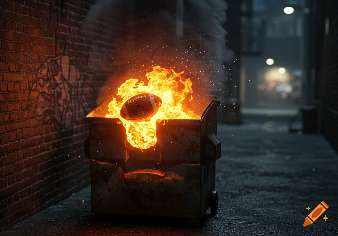 A photorealistic image of a football engulfed in flames within a burning dumpster in a dark urban alley at night.