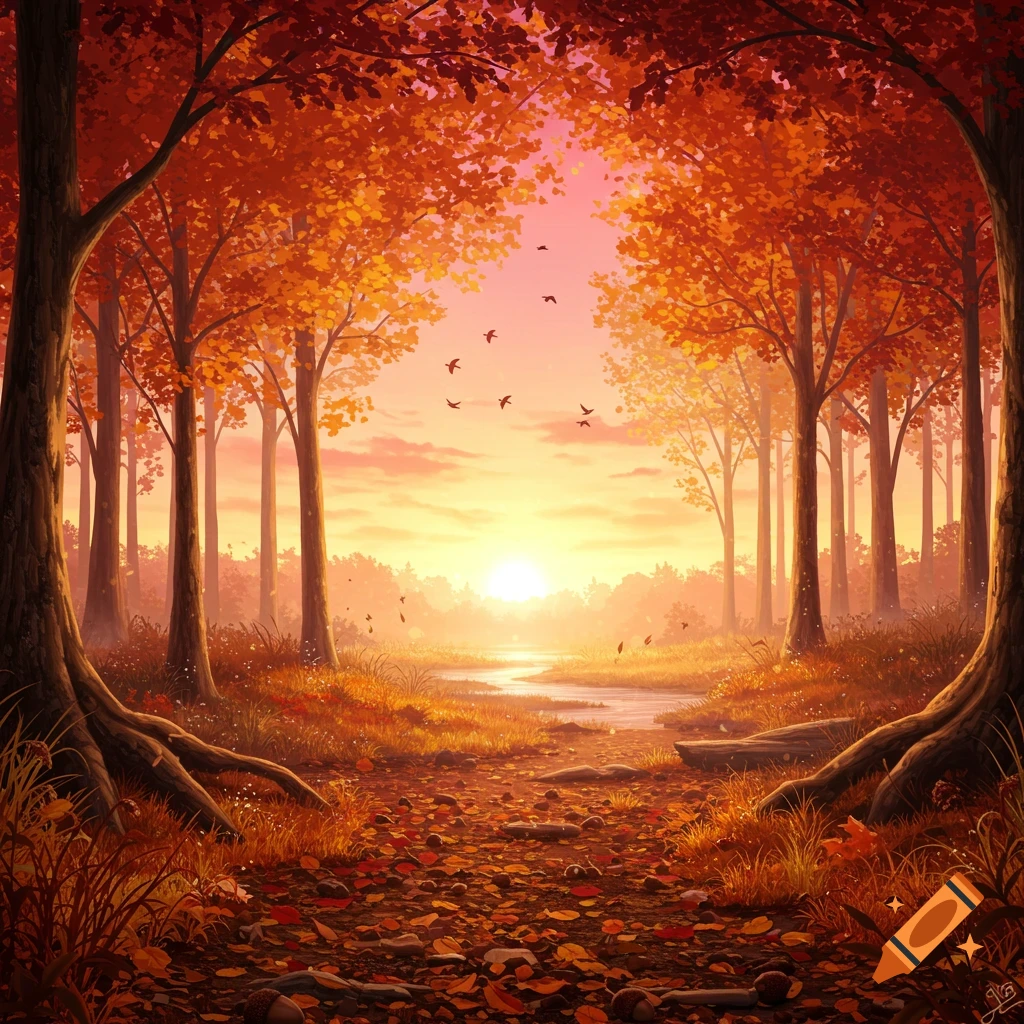 A vibrant, stylized illustration of an autumn forest path at sunset, with golden and orange leaves on trees and ground, and birds flying against a pink and yellow sky.