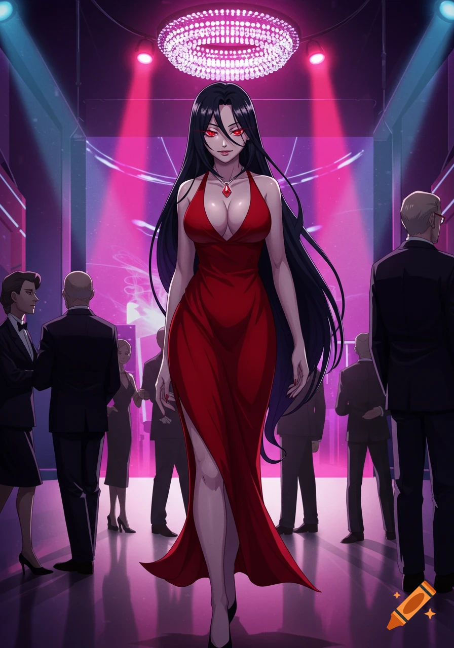 Anime style woman with long black hair, red eyes, and a red dress walking confidently through a purple-lit party.