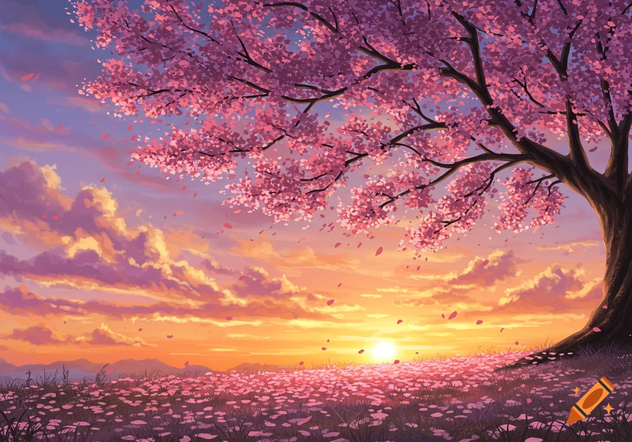 Vibrant anime-style landscape with a cherry blossom tree and a field of pink flowers under a stunning sunset.