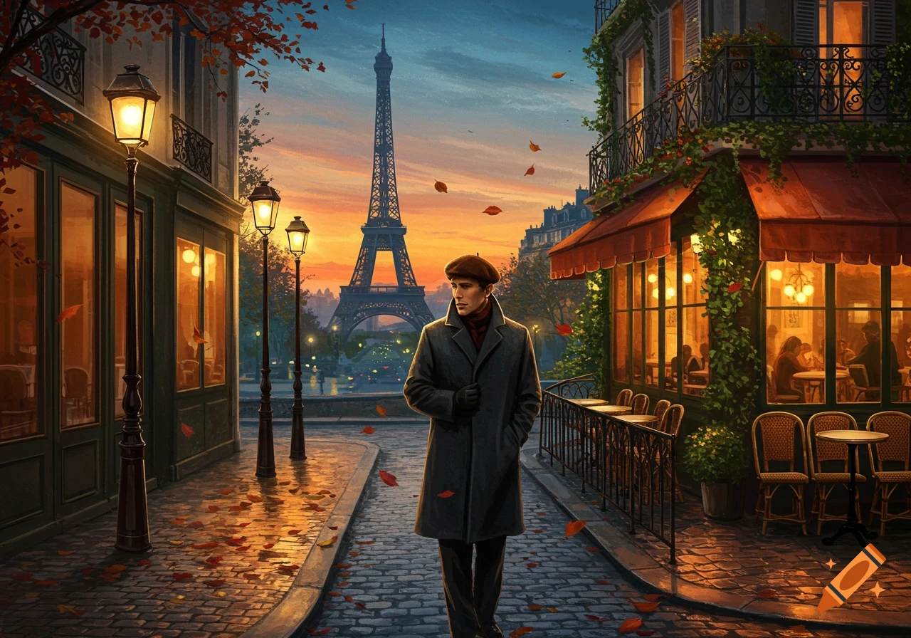 A man in a beret walks on an autumn cobblestone street in Paris, with the Eiffel Tower and illuminated cafes at sunset, painted style.