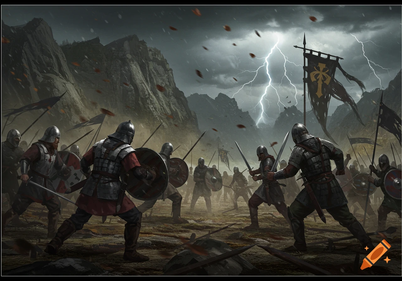 Warriors clash on a stormy, rocky battlefield under lightning, with mountains in the background.