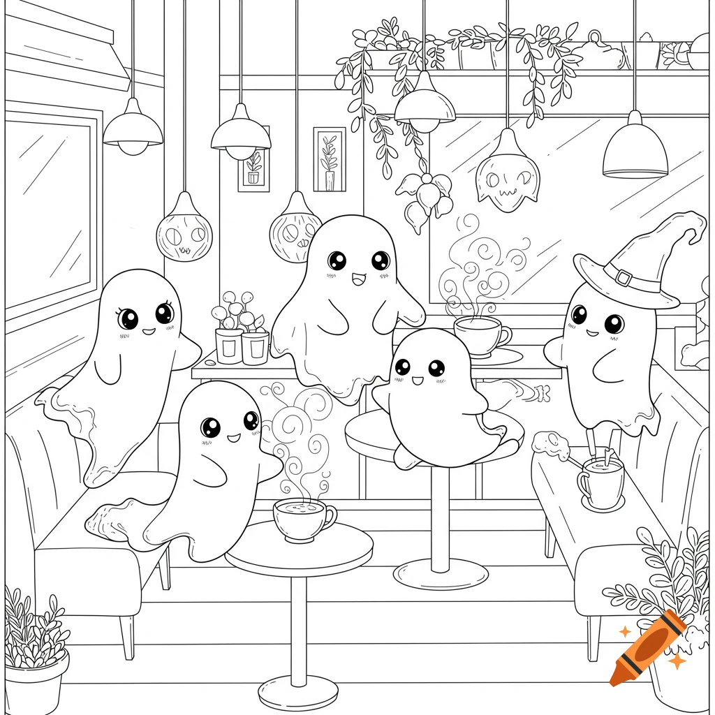 Kawaii ghosts drinking coffee in a minimal detailed cafe, black and white coloring page.