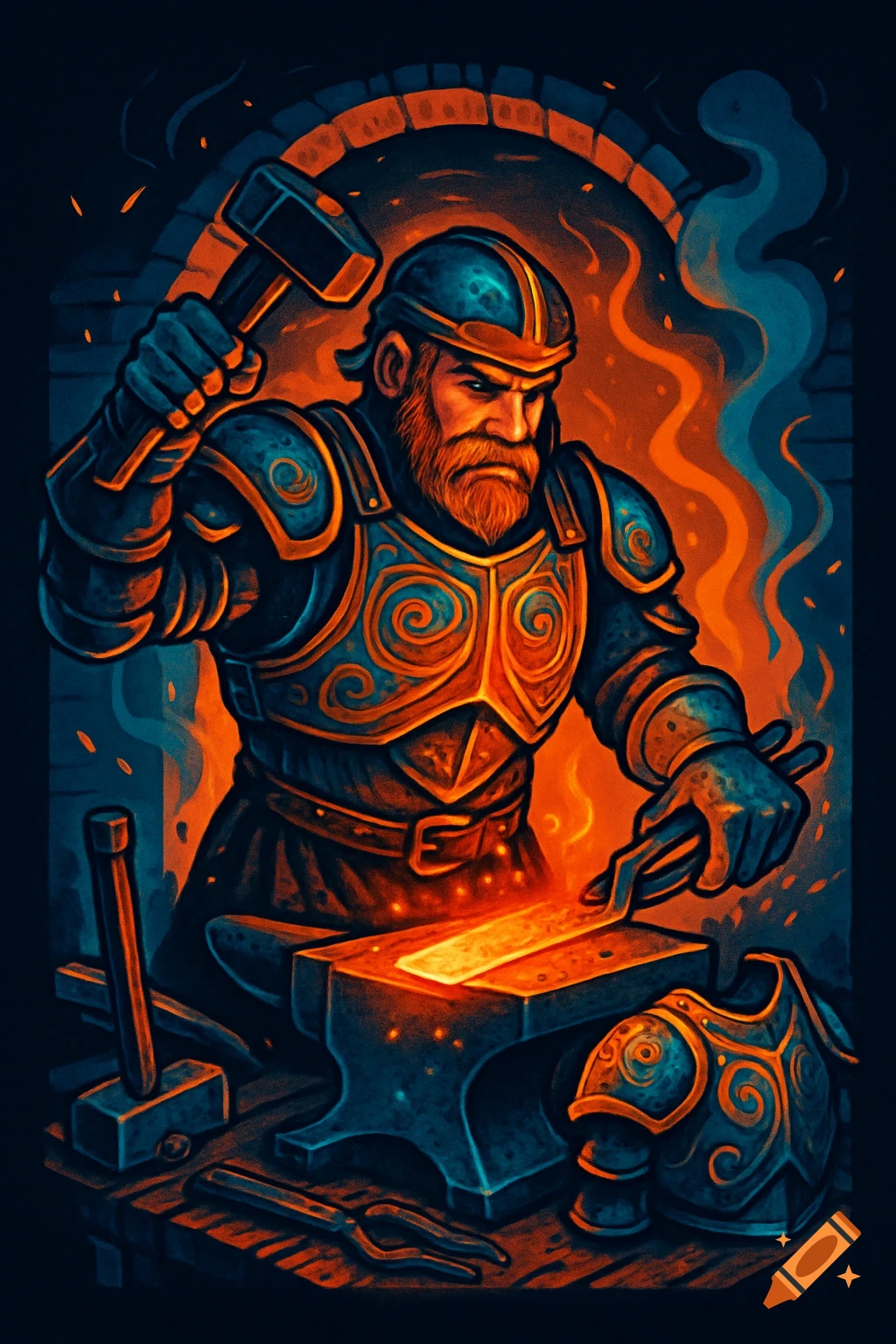 Stylized illustration of a bearded armourer in ornate blue and gold armor hammering glowing metal on an anvil in a dark forge.