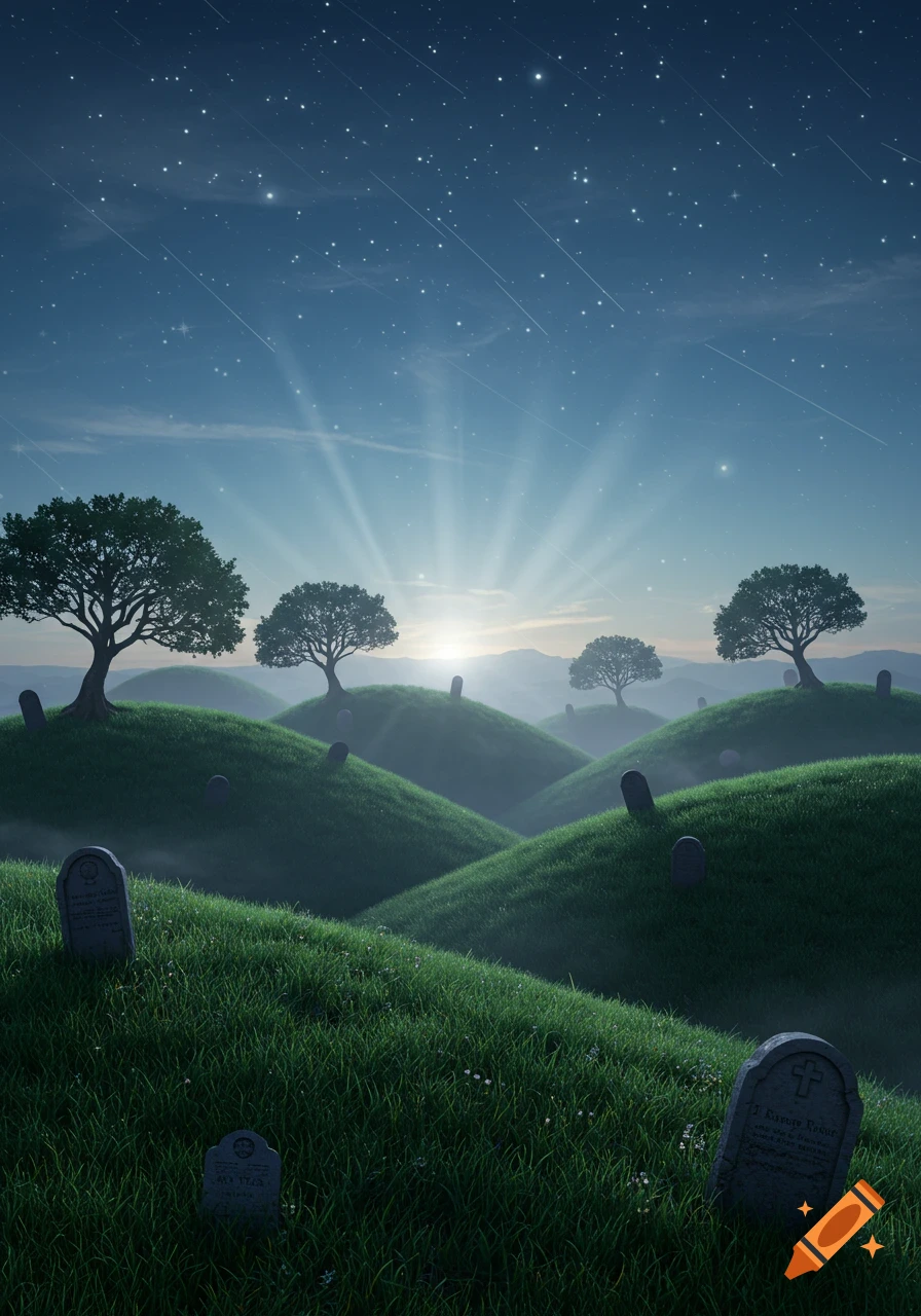 A surreal graveyard landscape at dawn or dusk, with rolling green hills, trees, and gravestones under a starry sky with shooting stars and sunbeams.
