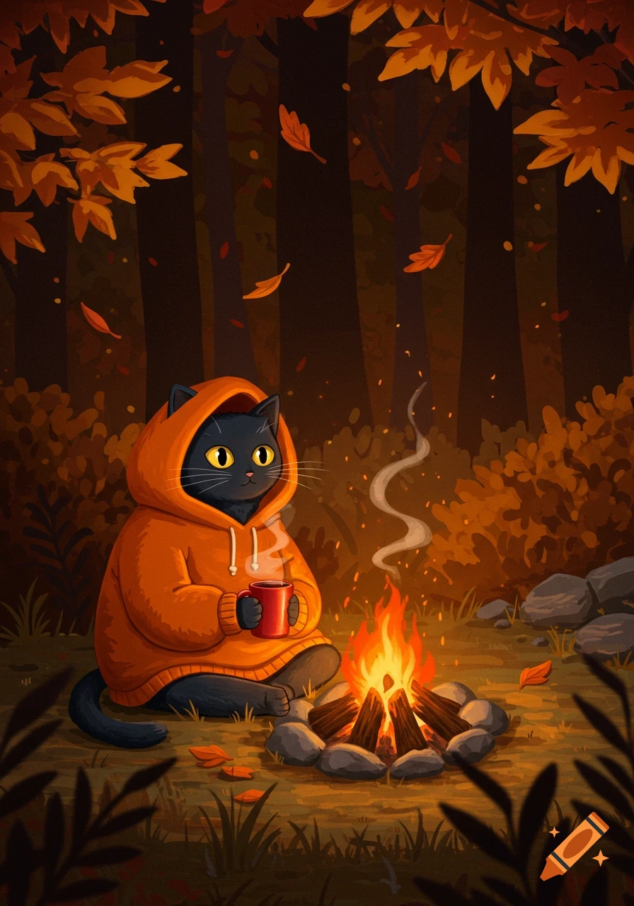A cute black cat in an orange hoodie sips from a red mug by a cozy campfire in an autumn forest with falling leaves.