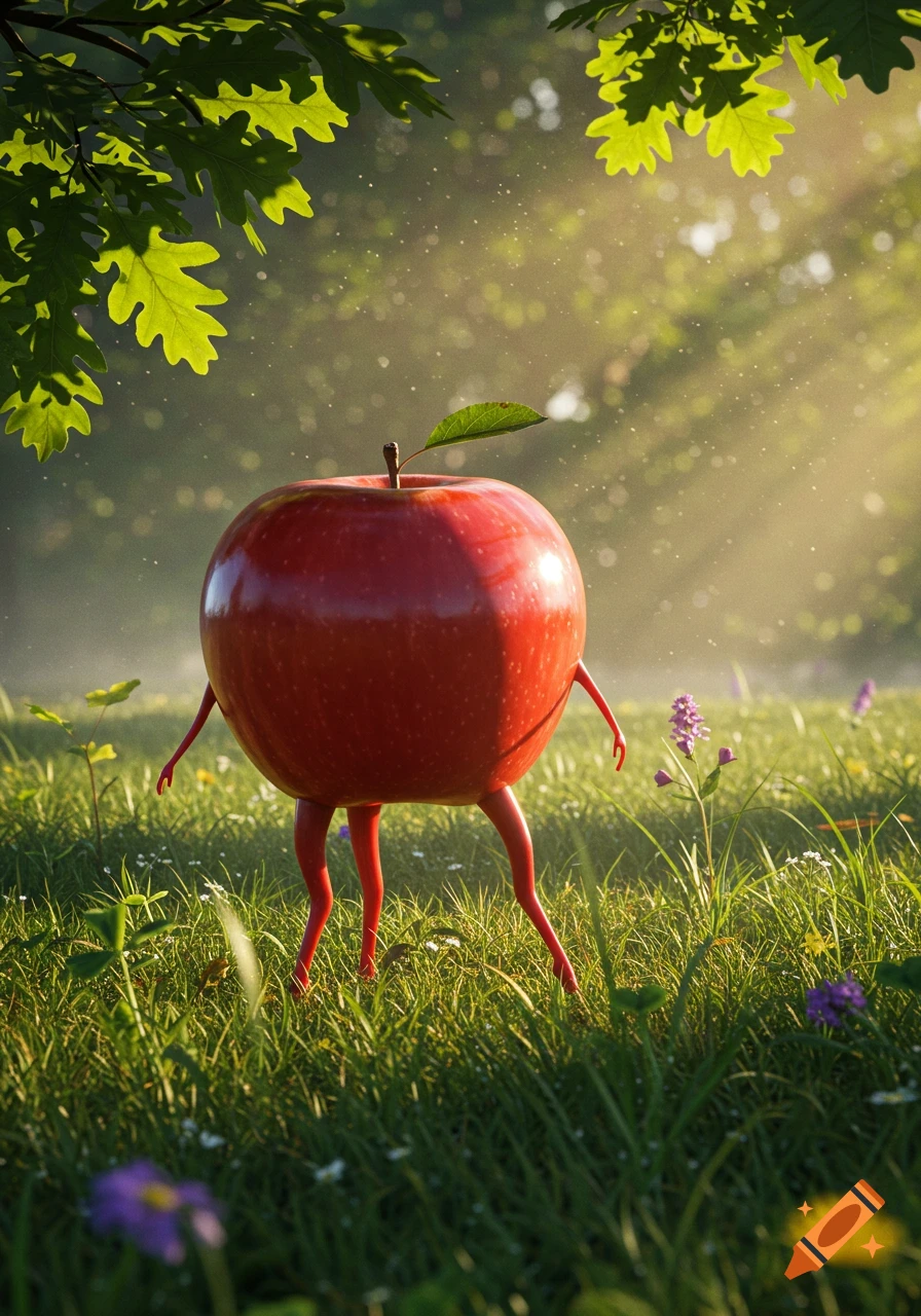 A vibrant red apple with slender arms and legs stands in a lush green field, illuminated by dappled sunlight filtering through overhead tree leaves. Photorealistic style.