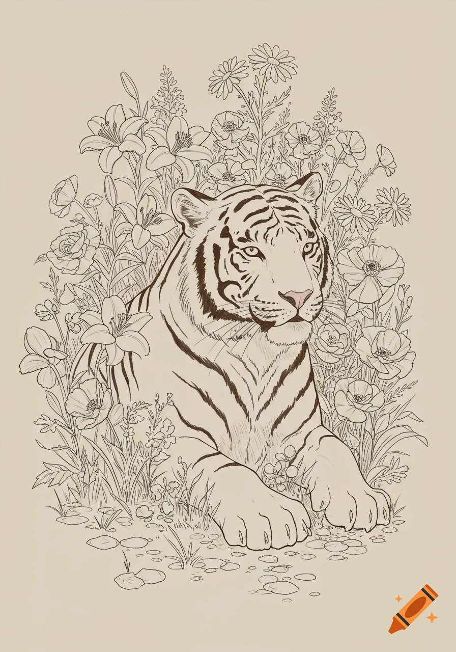 A fine line sketch of a white tiger surrounded by an assortment of flowers.