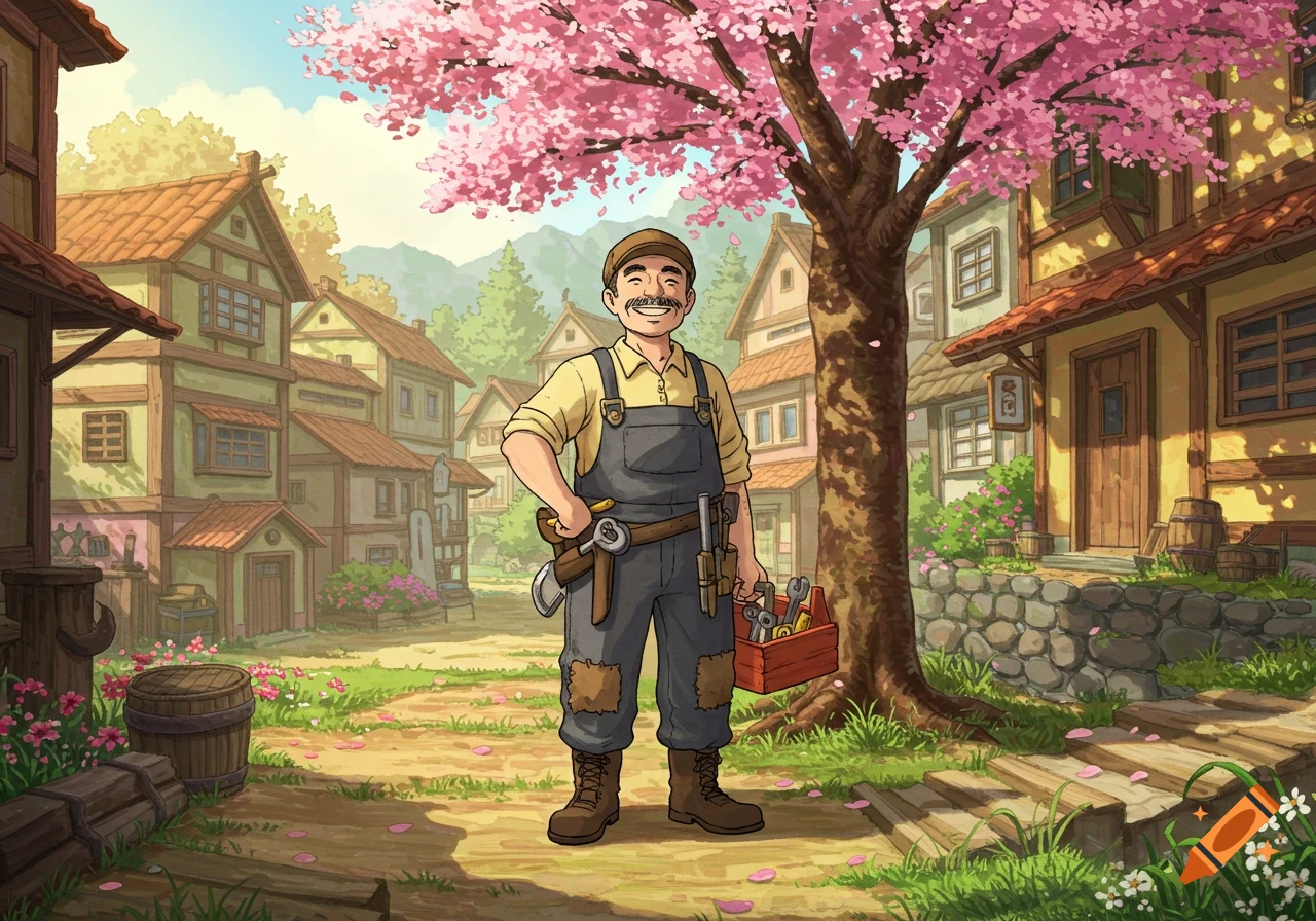 A friendly, smiling handyman in overalls and a cap stands in a charming, cherry blossom-filled village. He holds tools and a toolbox, in Studio Ghibli animation style.