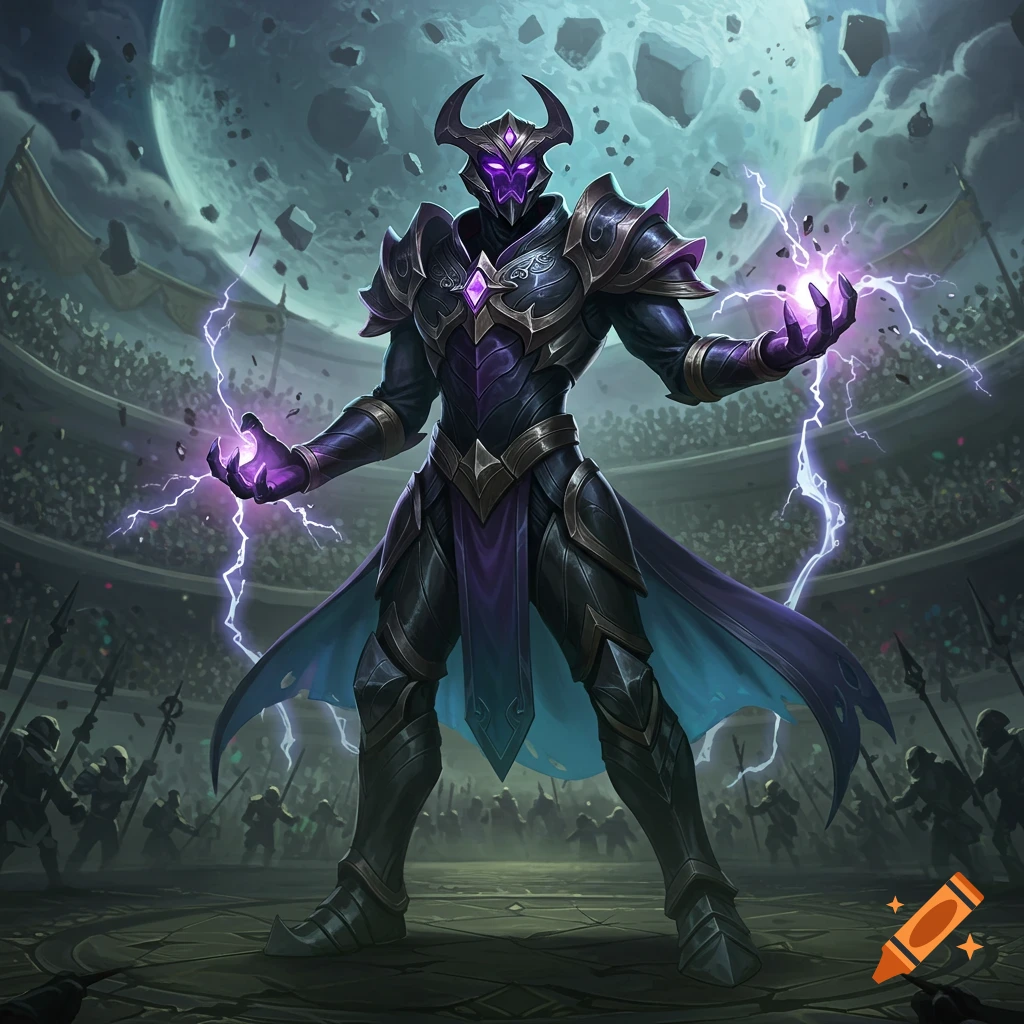A horned, armored figure with glowing purple eyes and lightning in its hands stands in an arena under a large moon with floating rocks.