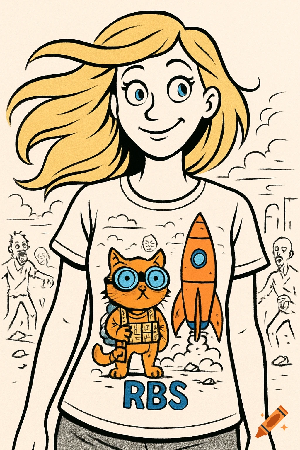 A simple line cartoon of a blonde woman wearing a t-shirt with an orange cat in goggles, a rocket, and "RBS" text, set against a zombie apocalypse background.