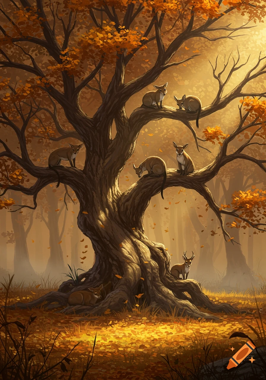 Digital painting of a large autumn tree with orange leaves in a sunlit forest, with several small deer-like animals on its branches and base.