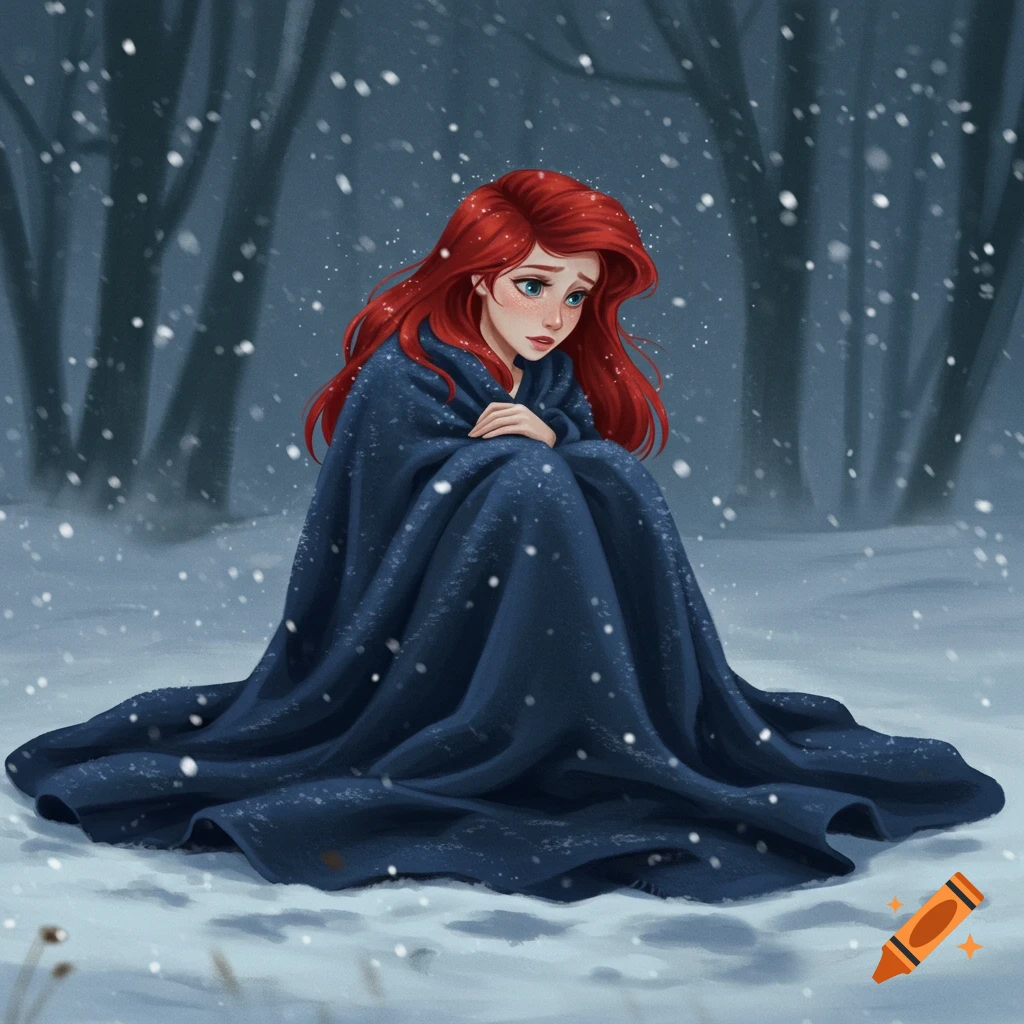 Illustrated Ariel with red hair, wrapped in a dark blue blanket, shivering in a snowy forest.