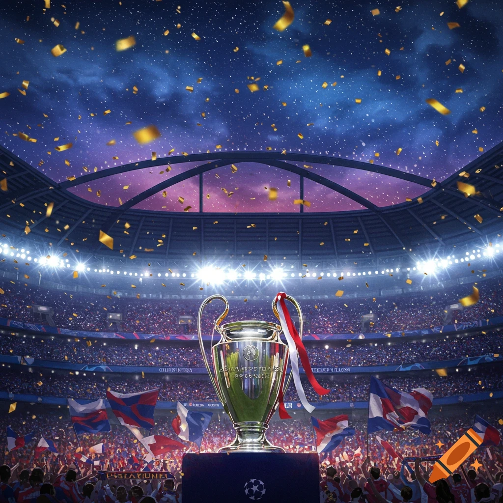 A glowing Champions League trophy on a pedestal in a packed football stadium at night, with confetti falling and fans cheering under a starry sky.