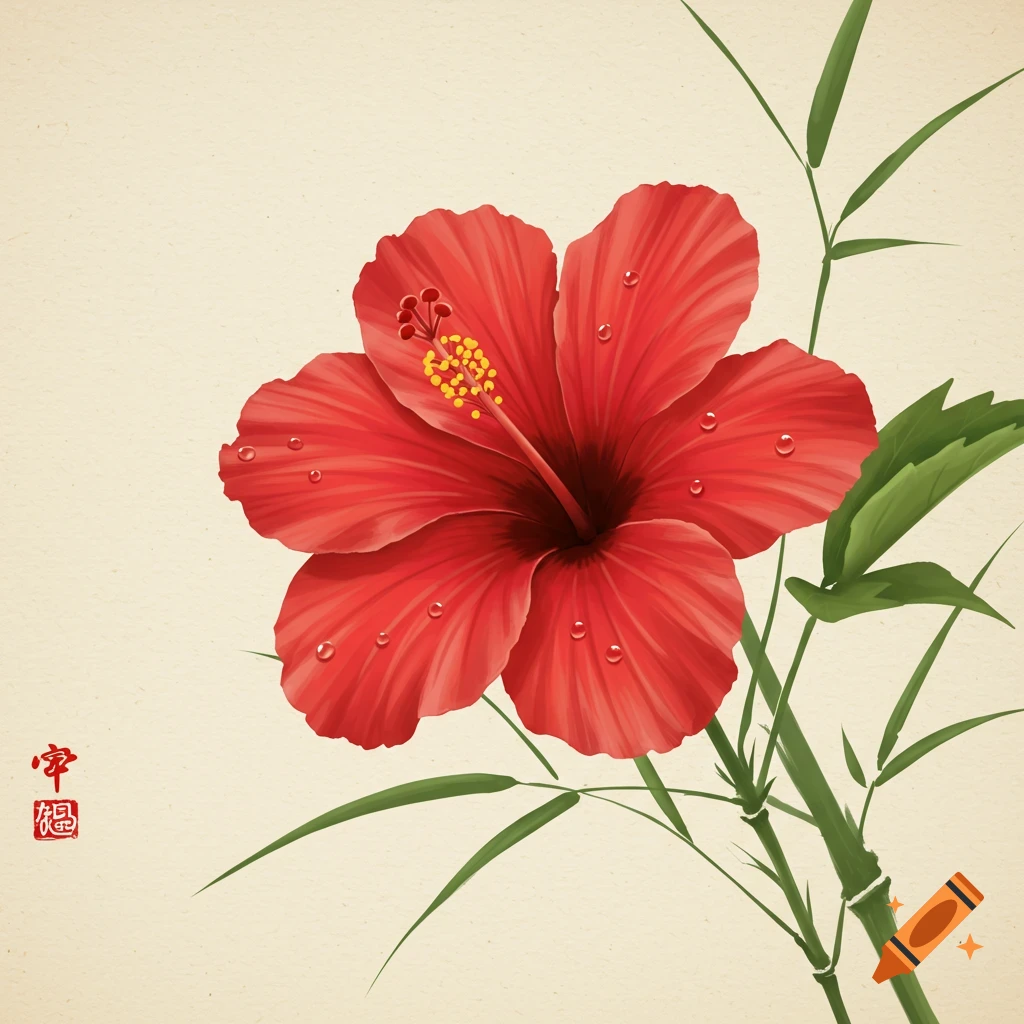 A vibrant red hibiscus flower with water droplets and green bamboo branches, depicted in a Japanese painting style on a textured light background.