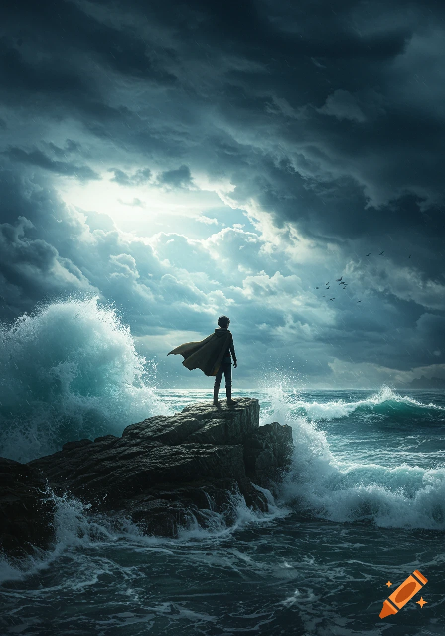 A lone figure in a cape stands on a jagged rock overlooking a stormy, turbulent ocean with crashing waves under dramatic clouds.