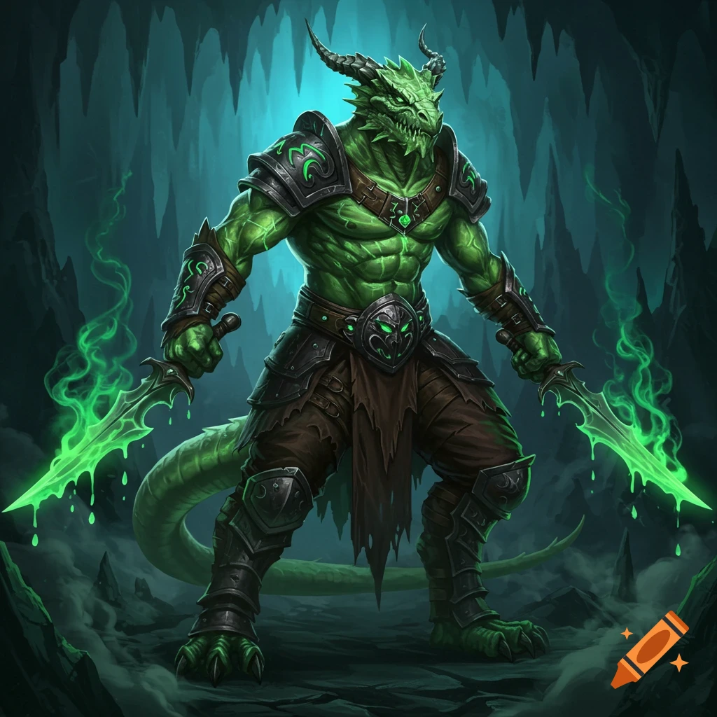 Muscular green dragonborn warrior in dark armor holding two glowing green daggers in a shadowy cave.