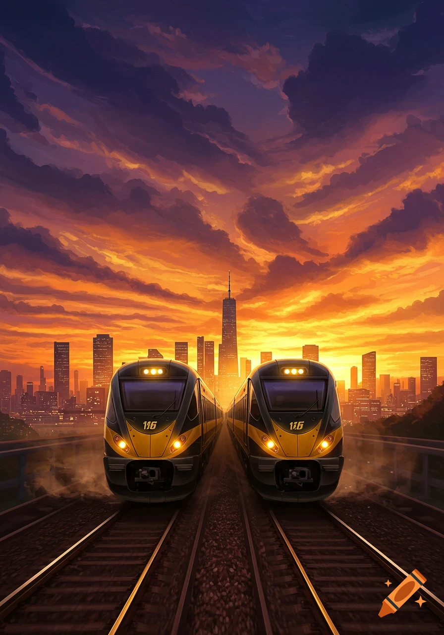 Two black and gold trains race on parallel tracks towards a vibrant city skyline at sunset, digital art.