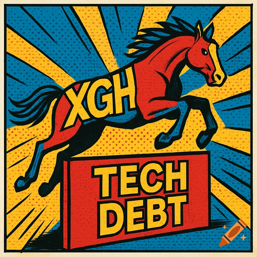 Pop art illustration of a red horse with 'XGH' on its side, jumping over a barrier labeled 'TECH DEBT' against a yellow and blue background.