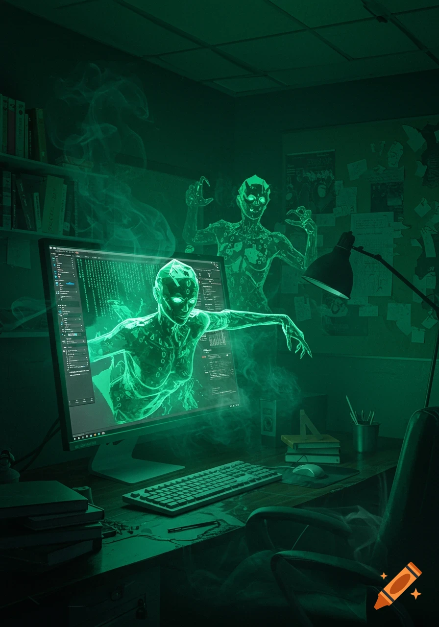 Two glowing green digital demons emerge from a computer screen in a dark room filled with smoke, code visible on the display.