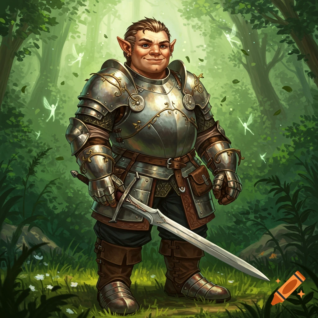 A stout male halfling knight in ornate full plate armor holds a sword, standing in an enchanted forest with fairies. Detailed fantasy illustration.