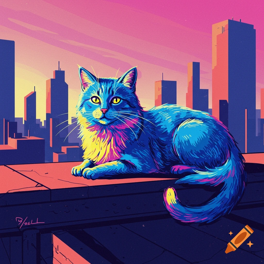 A vibrant, stylized blue and pink cat with yellow eyes lies on a dark rooftop at sunset, overlooking a city skyline with pink and yellow sky.