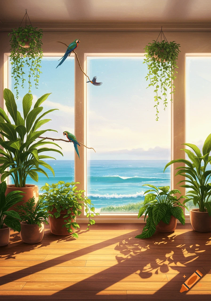 A bright room with a wooden floor, many potted green plants, and macaws, looking out through large windows onto a calm blue ocean under a sunny sky.