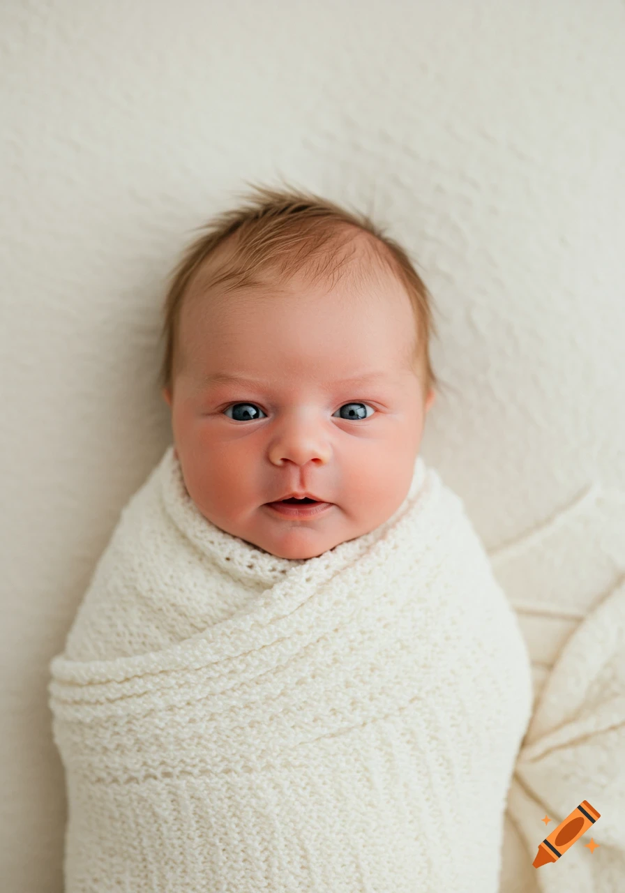 Close-up portrait of a newborn baby with blue eyes wrapped in a white knitted blanket, looking at the camera.